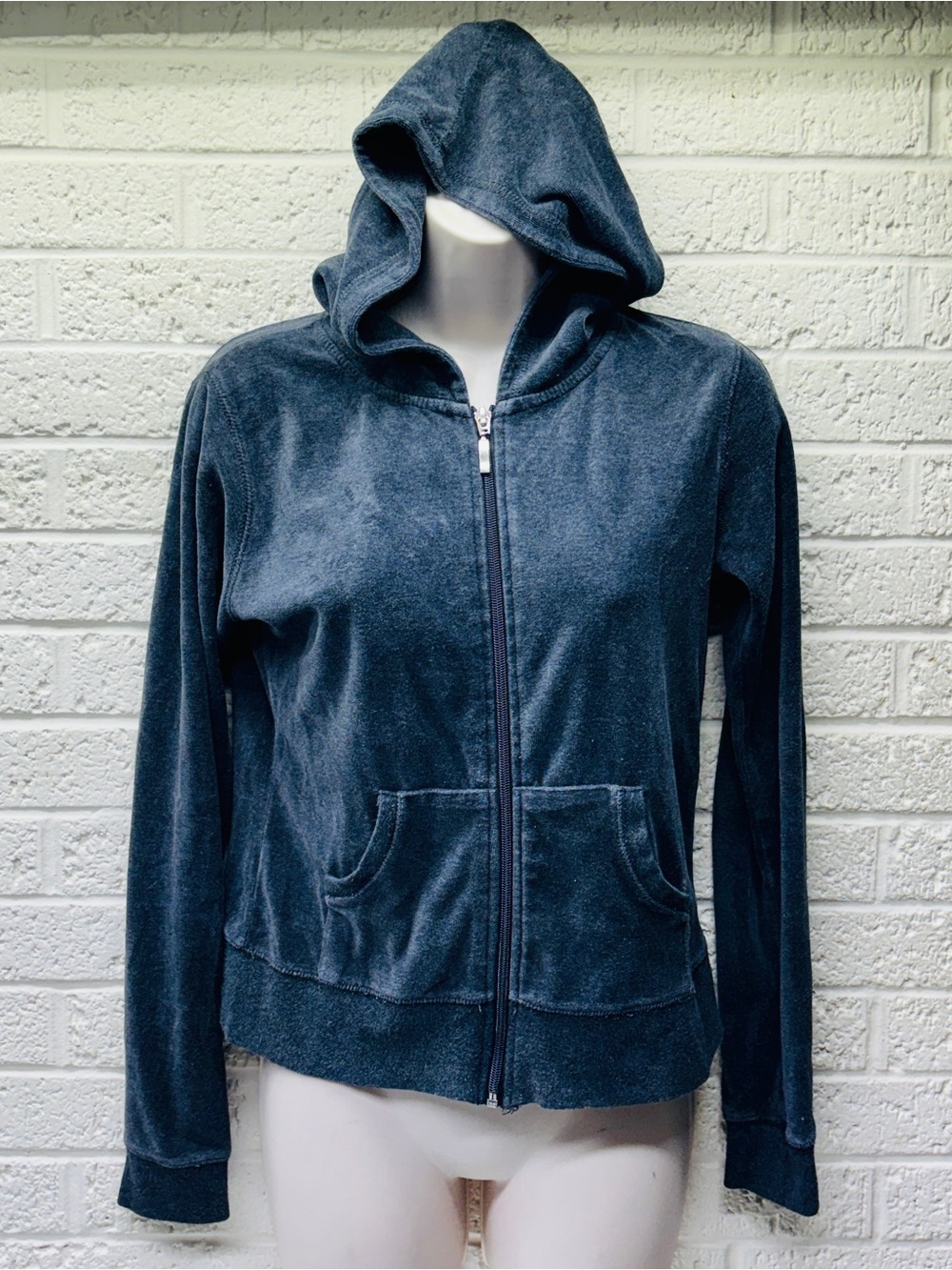 AMBIANCE APPAREL Sz M Charcoal Dark Gray Velour Full-Zip Hoodie Sweater • VG‼